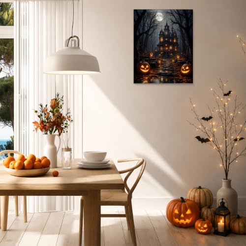Halloween Haunted House Wall Art - Framed Gothic Pumpkin Forest Scene Art-7