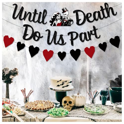 Black Heart Banner & Cake Topper Set for Wedding Halloween Party Decorations