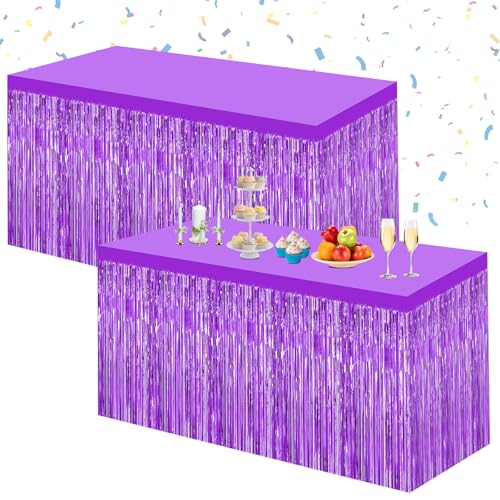 Purple Foil Fringe Tinsel Table Skirt - 2 Pack for Rectangular Tables Party Decoration