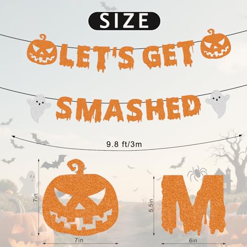 Halloween Banner Let's Get Smashed - Glitter Orange Pre-Strung Party Decoration with Ghost & Pumpkin, Scary Theme, Easy Setup