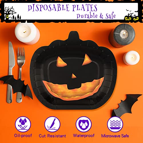 Disposable Halloween Paper Plates - Black Pumpkin Smile Design, 50pcs, 8.3in