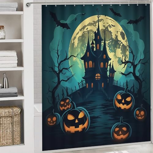 Halloween Shower Curtain Set 72x72 Inches with Rug & Hooks - Blue