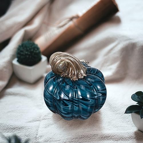 Blue Glass Pumpkin Decor for Fall Halloween Thanksgiving Table Centerpiece - Farmhouse Style