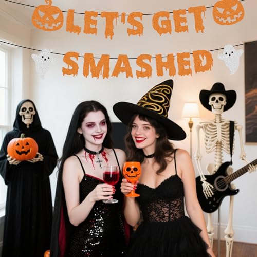 Halloween Banner Let's Get Smashed - Glitter Orange Pre-Strung Party Decoration with Ghost & Pumpkin, Scary Theme, Easy Setup