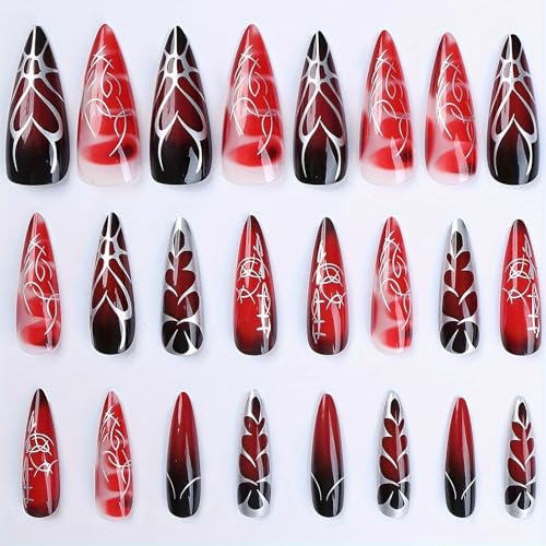 Press On Nails Long Stiletto Goth Red Black Design - 24 pcs with Glue - Variation 02305-10Red&Black