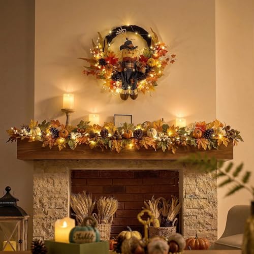 24-Inch Collapsible Fall Wreath with LED Lights for Front Door
