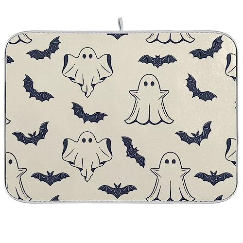 Halloween Spooky Ghost Bats Dish Drying Mat - 18x24 in Multicolor, Microfiber Kitchen Counter Pad