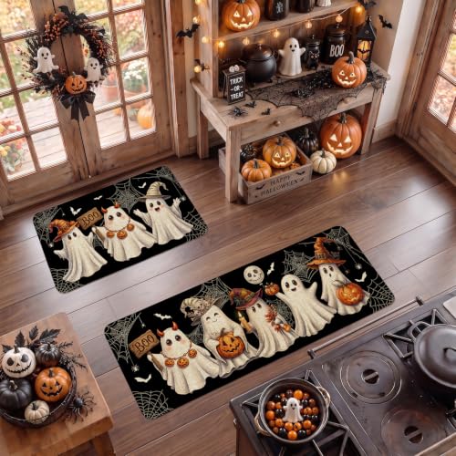 Halloween Ghost Kitchen Mat Decor Set of 2 - Black Ghost Indoor Rugs for Halloween