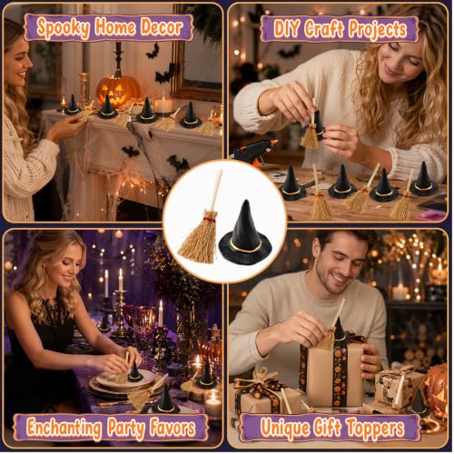 Mini Witch Hat and Broom Set for Halloween Decorations - 24PCS
