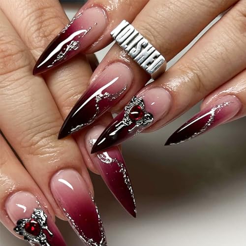 Halloween Long Stiletto Fake Nails with Red Rhinestones & Designs - Black & Red Gradient, 24 Pack - Variation 4