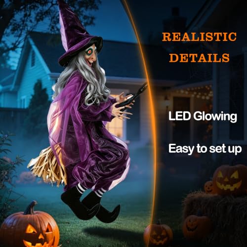 Flying Witch Halloween Decoration - Animated 4ft Hanging Prop with Lighted Eyes and Sound Activation for Yard & Indoor Haunted House