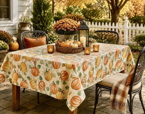 Pumpkin Toss Autumn Vinyl Flannel Backed Tablecloth - 52x52 Inches, Rustic Fall Decor