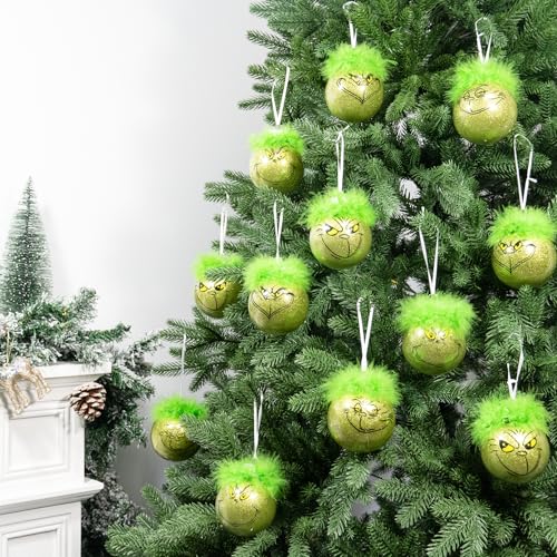 12Pcs Christmas Tree Ornaments Bulk - 3.15 Inch Lime Green Balls with Festive Designs