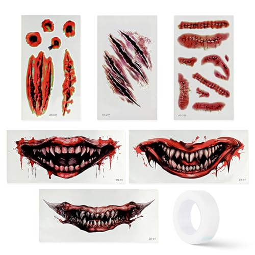 Halloween Horror Face Tattoos Set 6 Pcs with Removal Tape - Scary Wound & Scar Designs - Variation of Halloween Horror Set 2