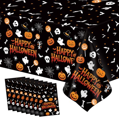 Halloween Tablecloth Set - 8 Disposable Rectangular Plastic Covers with Spider Web & Pumpkin Design - 54x108 Inches - Halloween Party Supplies