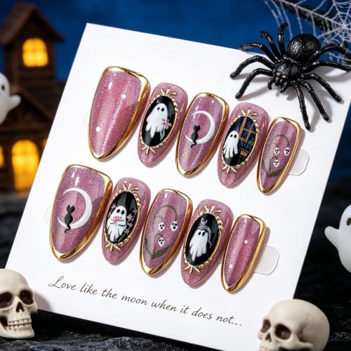 Halloween Press On Nails Set - Medium Almond Fake Nails with Ghost Skull Cat Moon Design, Glitter, Style11