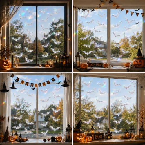 iKopink 58PCS Halloween Window Clings - Transparent Bat Window Stickers with Rainbow Effect