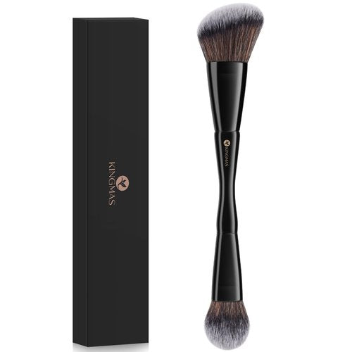 KINGMAS Dual-Ended Foundation & Bronzer Duo Brush - Angled & Round Top for Flawless Blending (Black)