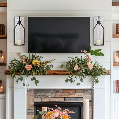 Washwhite Farmhouse Wall Candle Sconce Set of 2 with Wooden Boards & Metal Lanterns