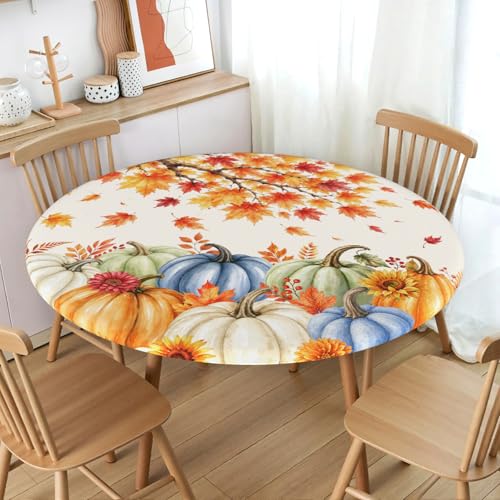Fall Pumpkin Round Fitted Tablecloth Orange Maple Leaf Waterproof 40-44 Inch