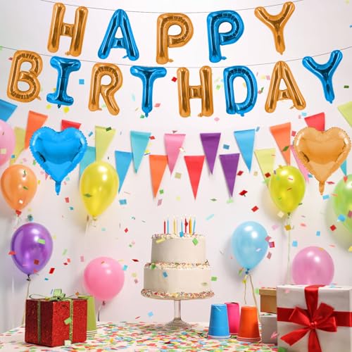 Orange Blue Happy Birthday Balloons Banner & Foil Balloon Set - Dog Party Decoration - Variation B