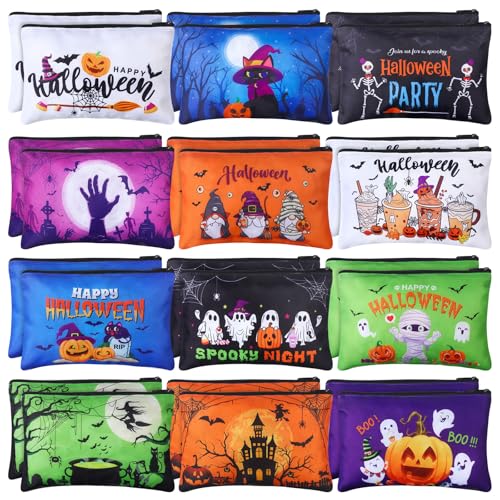 Halloween Cosmetic Bags Set - 24 Pcs Bulk Makeup Pouches with Fall Themes