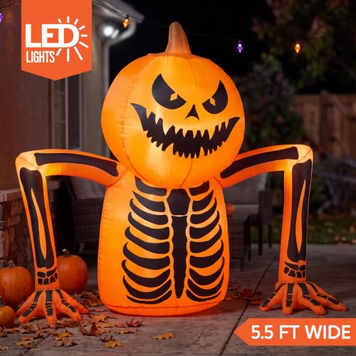 Halloween Pumpkin Skeleton Inflatable Decoration with LED Lights - Orange Skeleton, 5.5FT