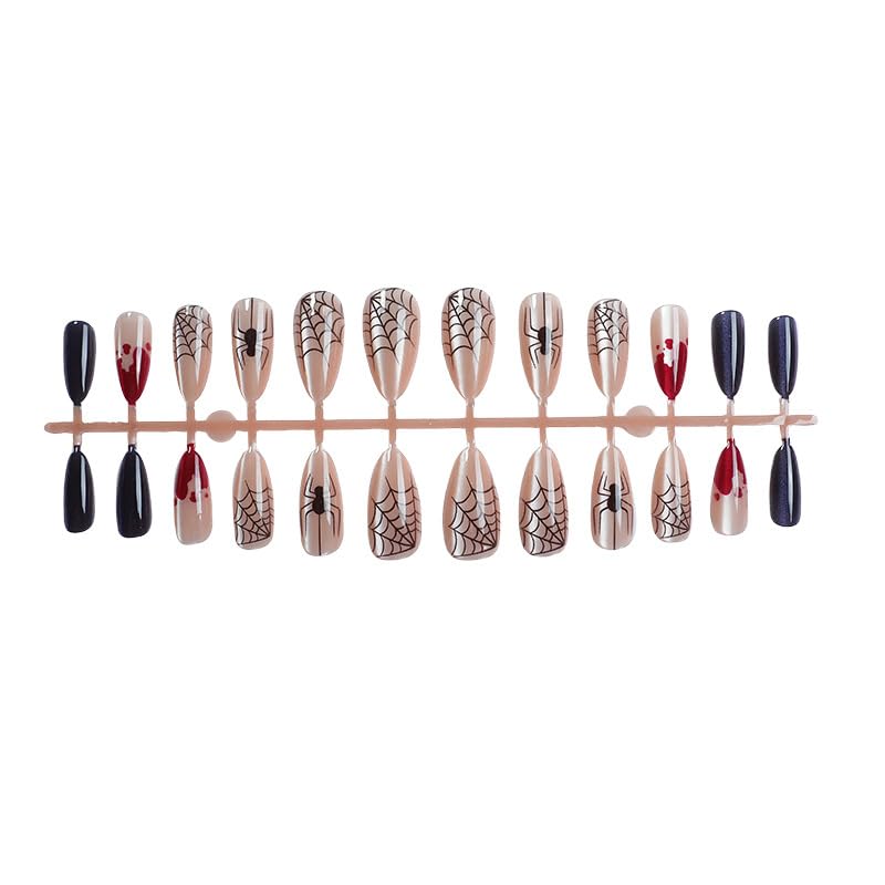 Halloween Press On Nails - Gothic Black Spider Web Almond Fake Nails, 24Pcs