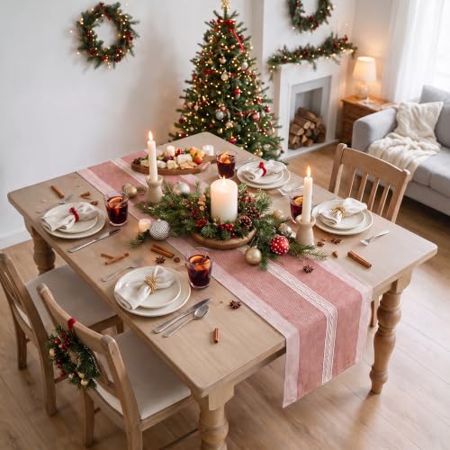 Red Braided Striped Rustic Chenille Table Runner 13x36 Inch Christmas Decor