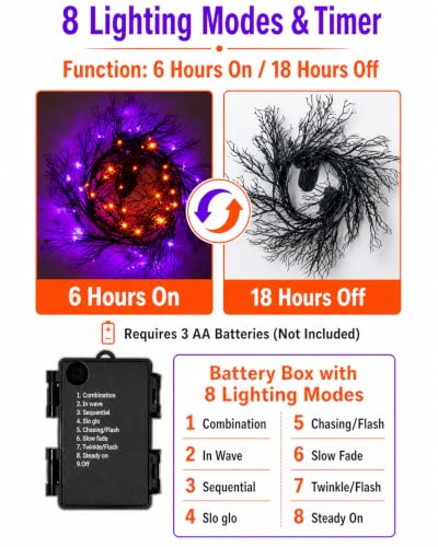 8 Modes 6 Ft Halloween Vine Lights with Purple & Orange LEDs, Timer, Battery Operated