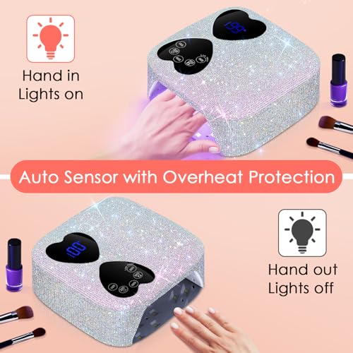 Cordless 80W UV LED Nail Lamp with Sparkling Diamond Design - Silver