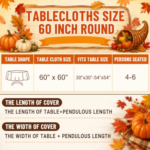 Fall Round Tablecloth 60x60 Inch Thanksgiving Pumpkin Decor with Variation Red Brown Yellow