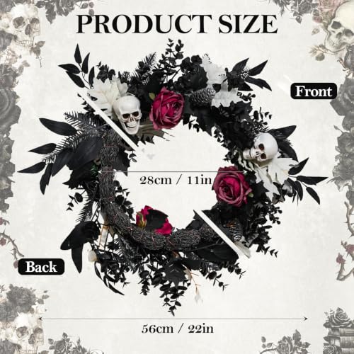 Halloween Skull Wreath for Front Door - Gothic Black & Burgundy Decor Variation: Black