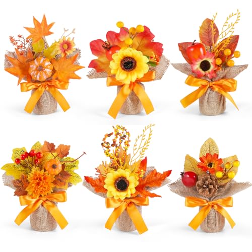 Set of 6 Fall Artificial Potted Flowers for Thanksgiving and Autumn Decor