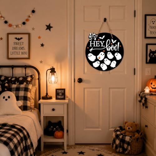 Halloween Welcome Door Sign Wooden Hanging Decor - Ghost Design, 12x12in