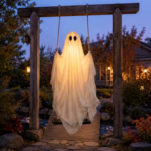 Halloween Ghost Swing Decoration with LED Lights - 5 ft Lighted Hanging Prop