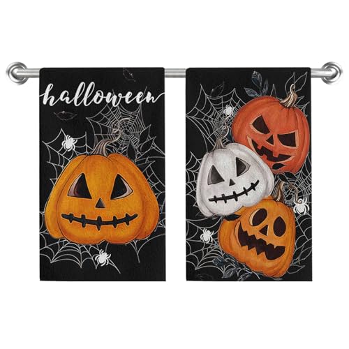 Halloween Black Pumpkin Dish Towels Set of 2 - Spider Web Hand Towels 18x26 F