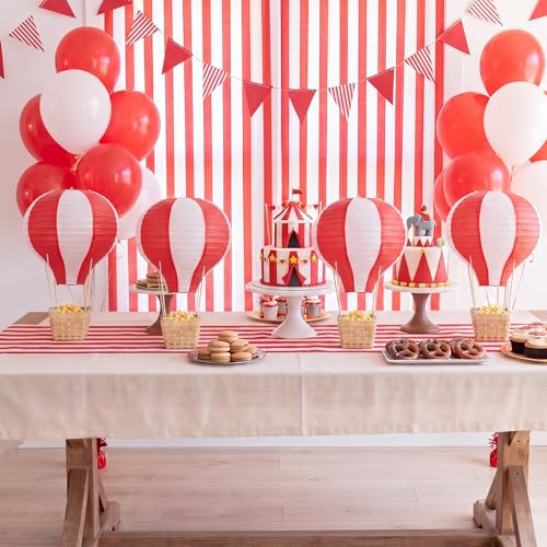 Hot Air Balloon Table Centerpieces Set - Red and White, 8 Pieces with Baskets & DIY Decor