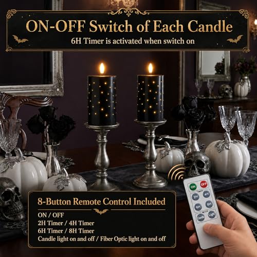 Black Fiber Optic LED Candles with Remote Control - 2-Pack Flameless Wax Pillars