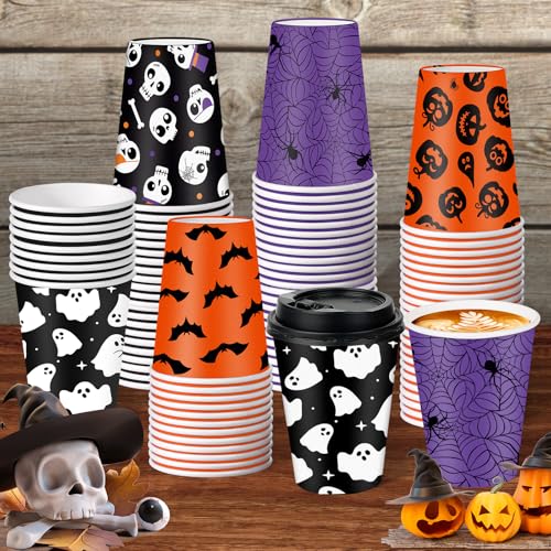 Halloween Ghost Disposable Coffee Cups 12oz Set - 100 Pack with Lids - Spooky Party Drinkware
