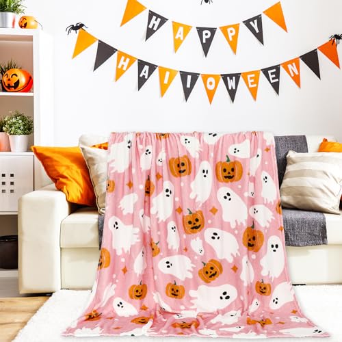 Halloween Fuzzy Flannel Throw Blanket 60x70 Inch Pink Ghost Pumpkin Design