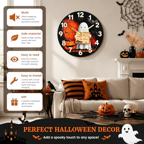 Halloween Ghost Wall Clock - 12 Inch Spooky Silent Decor with Trick or Treat Design - Ghost Variation