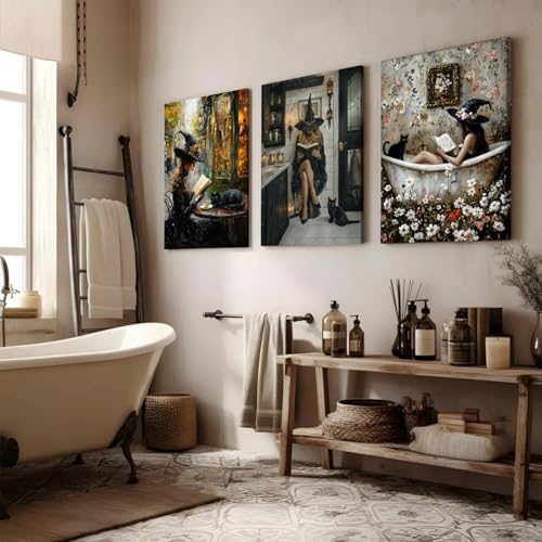 Dark Witch Bathroom Wall Art Set of 3 Canvas Prints - Gothic Halloween Decor