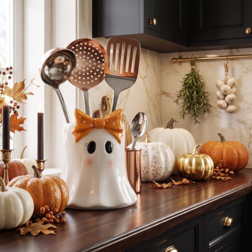 White Ceramic Ghost Utensil Holder - Halloween Kitchen Decor & Organizer - Ghost Bow Variation