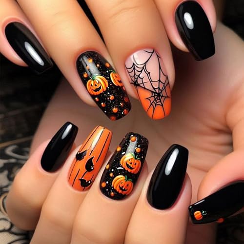 Halloween Press-On Nails 24Pcs Pumpkin & Spider Web Design - Variation 58