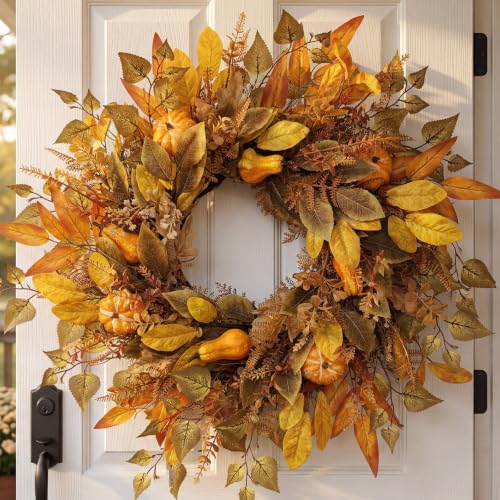 Fall Front Door Wreath 26 Inch Artificial Harvest Wreath with Maple Leaves and Pumpkins - Farmhouse Autumn Decor