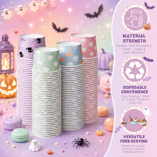 Halloween Disposable Paper Snack Cups - Pastel Ghost & Cat Pattern, 9oz - 100 Pack - Ghost Variation
