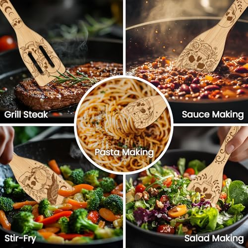 Skull Crow Wooden Kitchen Utensil Set - 6 Pcs Bamboo Cooking Tools with Unique Carved Patterns