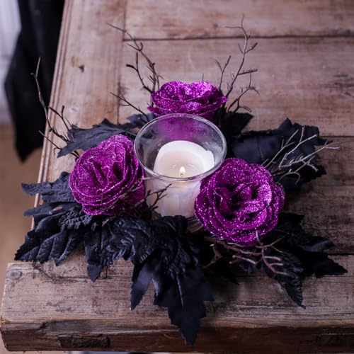 Halloween Candle Ring Wreath Artificial Purple Flowers Black Maple Leaves 9.84"
