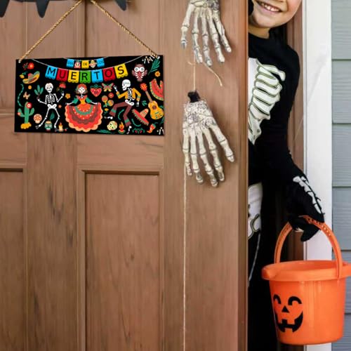 Day of The Dead Wooden Sign Decor - Mexican Sugar Skull Wall Hanging for Home Porch Patio